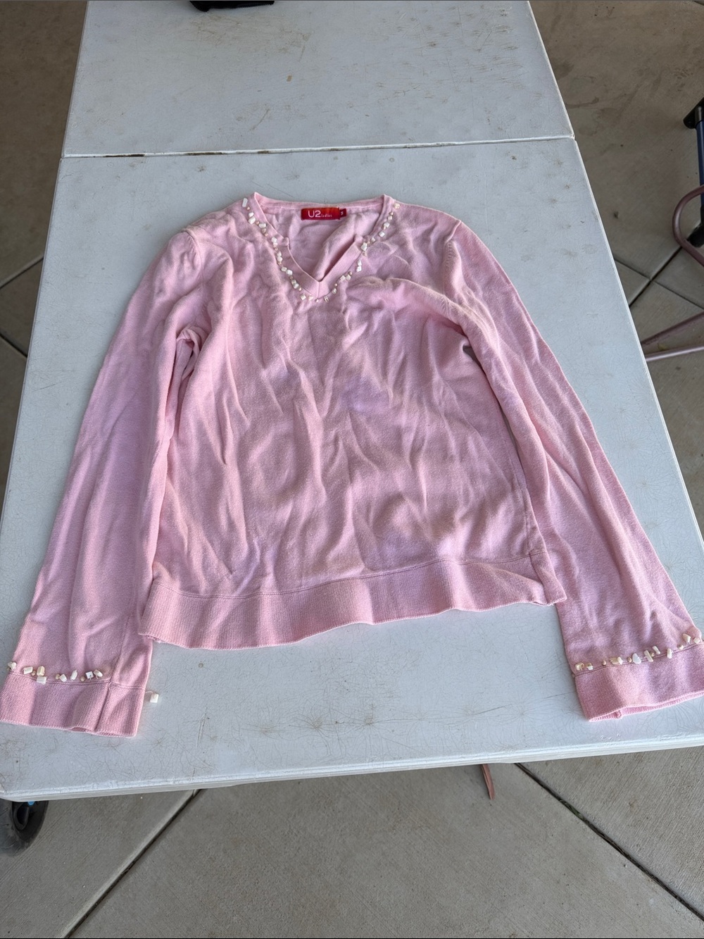 U2 Ladies Pink Pearl-Trim V-Neck Sweater